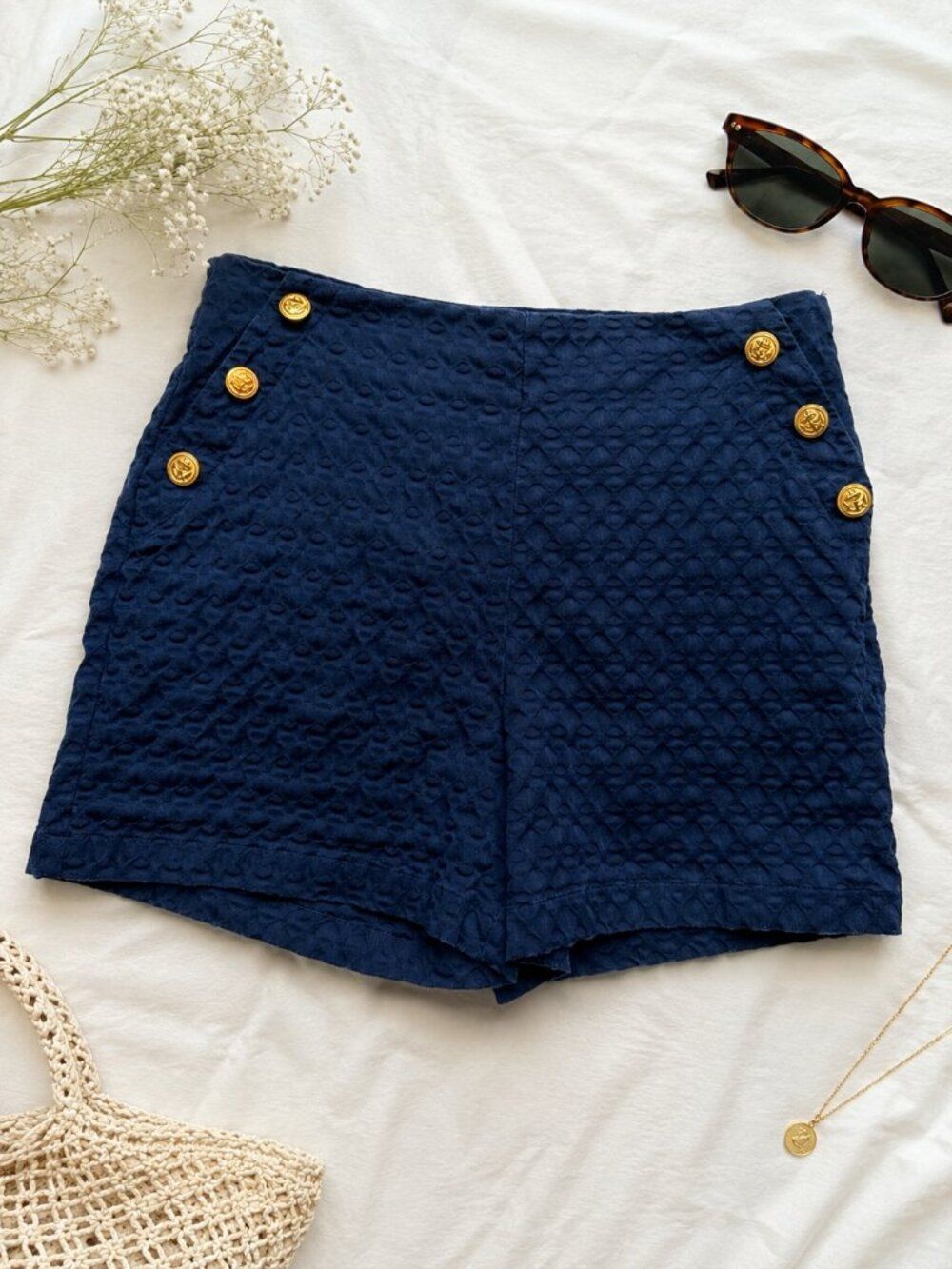 Crown & Ivy Navy Textured Sailor Shorts Size 6 Gold Button Nautical Preppy Coast